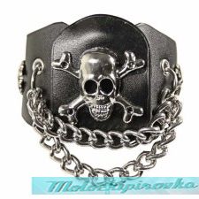 Leather Corium Skull Crossbones with Chains Bracelet