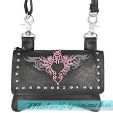 Xelement Motorcycle Womens Embroidered Tribal Heart Leather Belt Bag with Chrome Studs