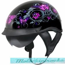 Outlaw T-72 Dual-Visor Glossy Motorcycle Half Helmet with Graphics of Flowers and Pink Skull Butterflies